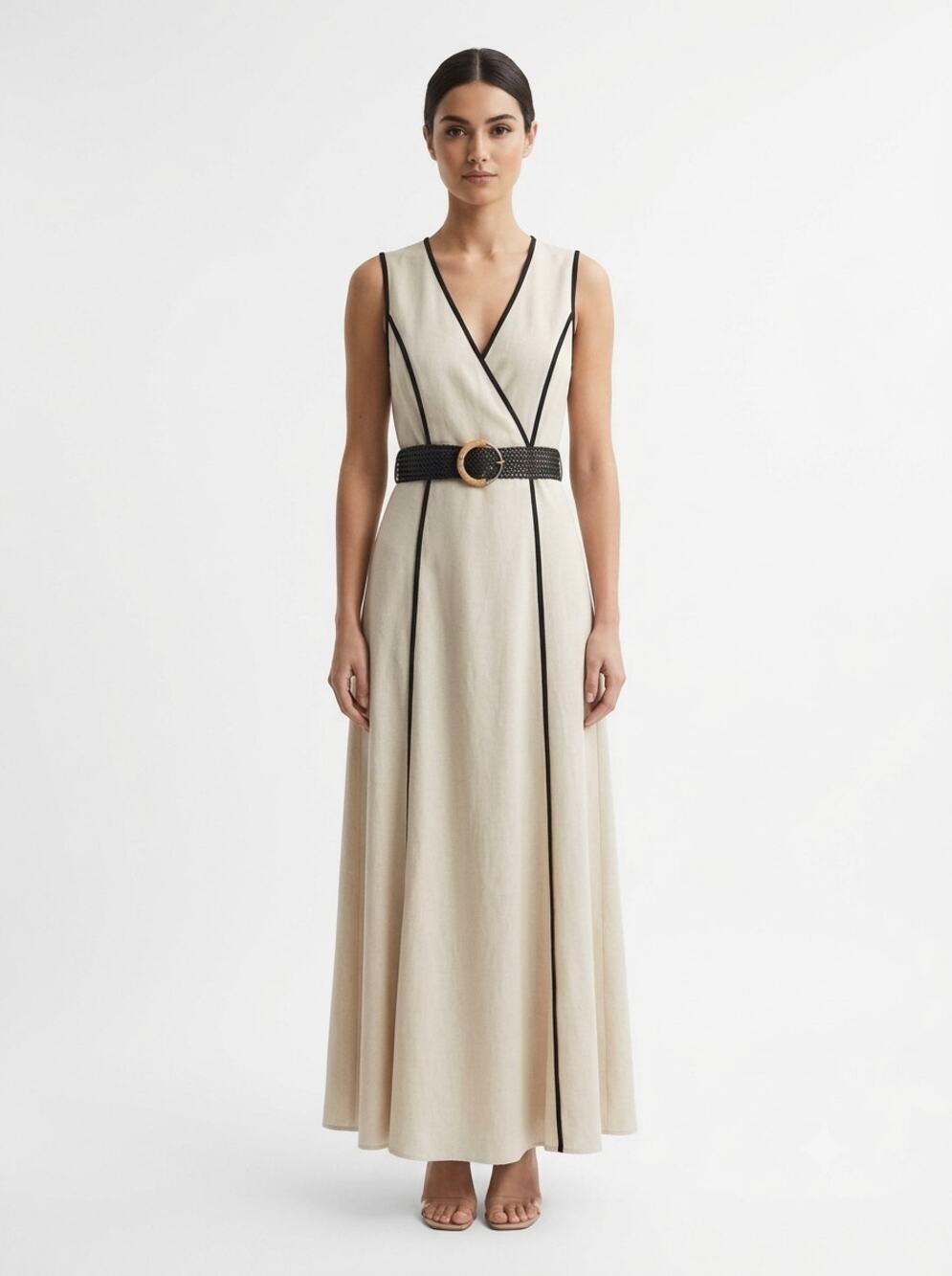 NWT Entro Belted Midi Dress Women's M Cream Black Linen Blend Sleeveless Lined